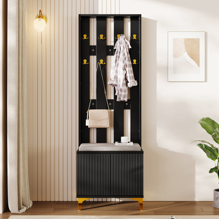 Black wooden entryway coat hanger, bench and cushion, and shoe cabinet TERMITEMOUND