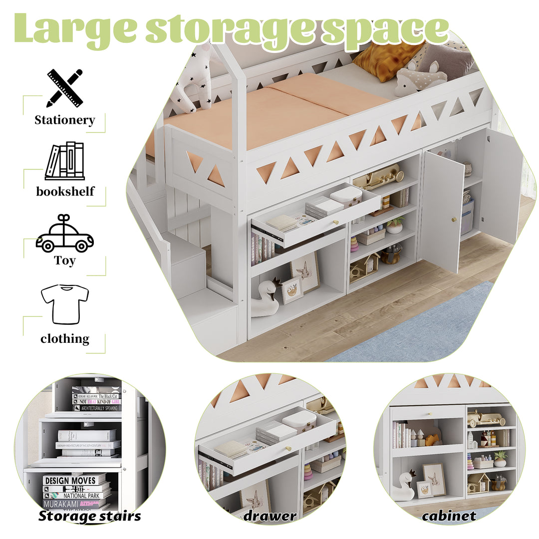 White wooden loft children single bed with slide, stairs, and storage (90x190cm) BLOOMPEAK