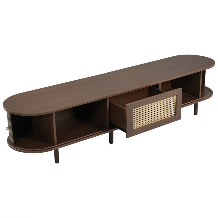 Retro walnut TV stand oval rounded corners 2 slide doors 180×40×40cm SOREN