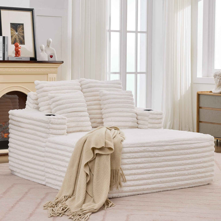 00+缺图 Chaise Lounge Sofa Bed, White Plush Faux Fur Foam Convertible Sleeper with 2 Pillows URBANWOODMAX