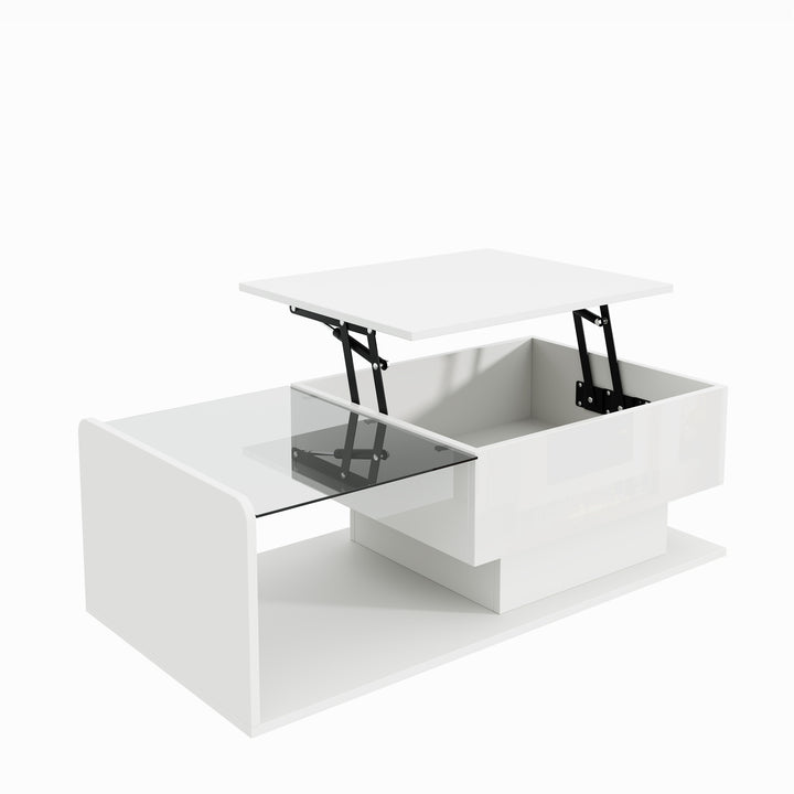 White high-gloss rectangular coffee table and LED lighting with glass top LUNG