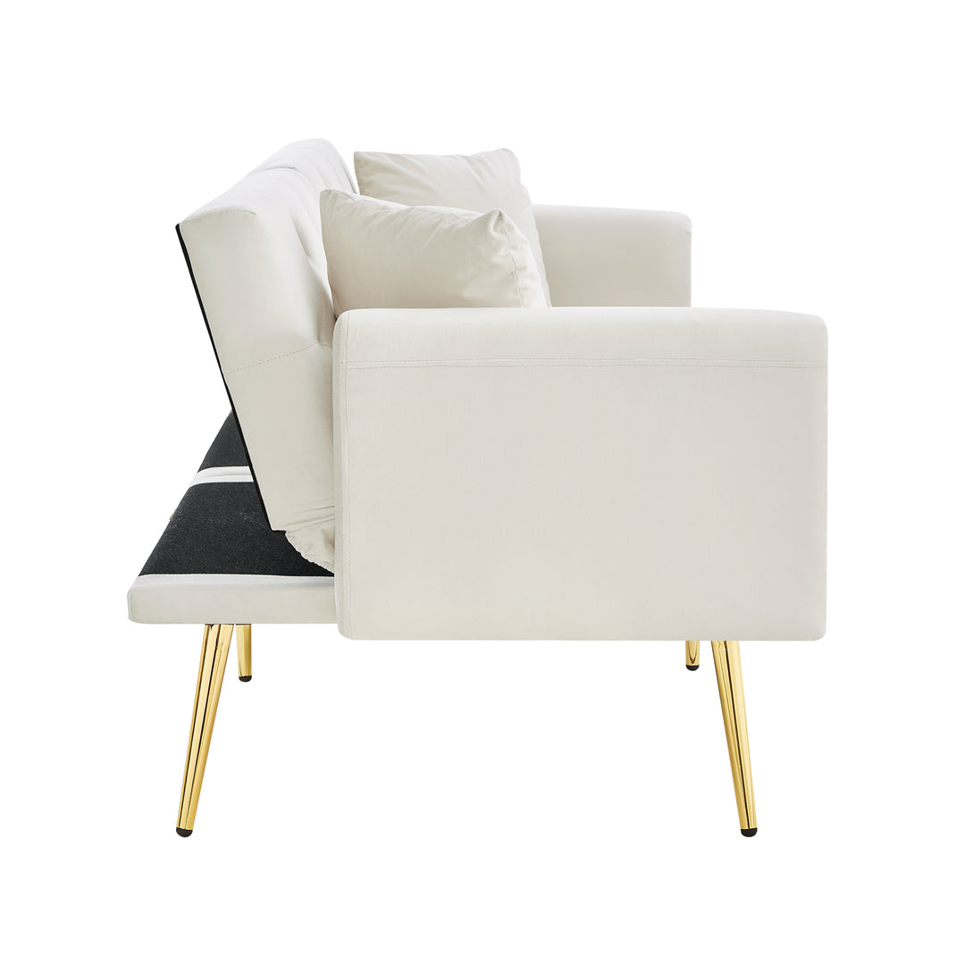 Beige velvet tufted 2-seater sofa bed with gold legs hidden fold-down cup holder COTTONPUFF