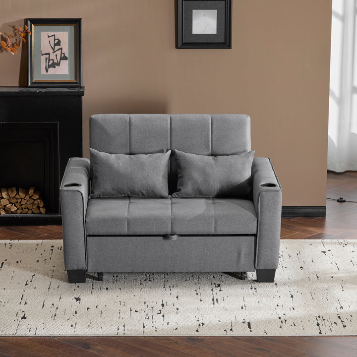 Gray fabric convertible 2-seater sofa bed pull-out design, adjustable backrest, and storage FROSTSTONE