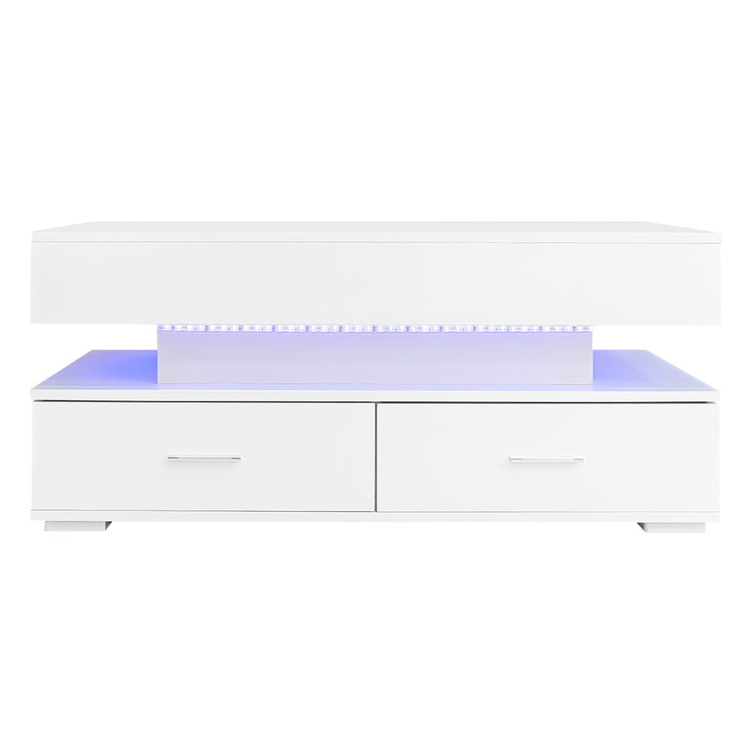 White lift-top coffee table with LED lighting and 2 drawers 100×50×44cm CYBERSPACE