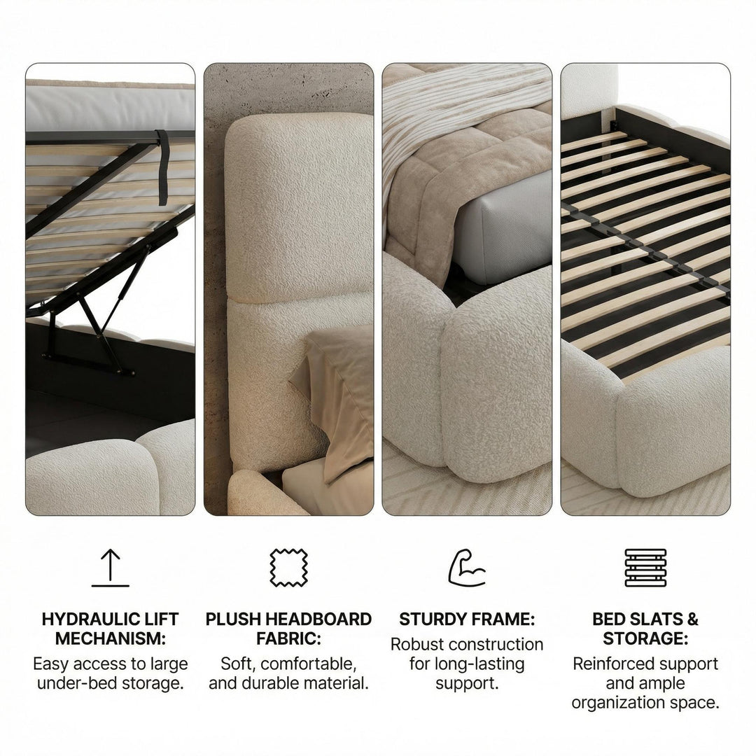 Beige velvet upholstered double ottoman bed 135x190cm QUANTAESIA