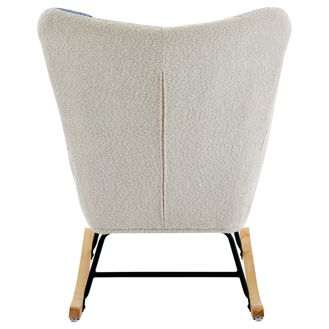 Fabric white blue patchwork rocking chair with solid wood legs and footstool MORASSSLOP