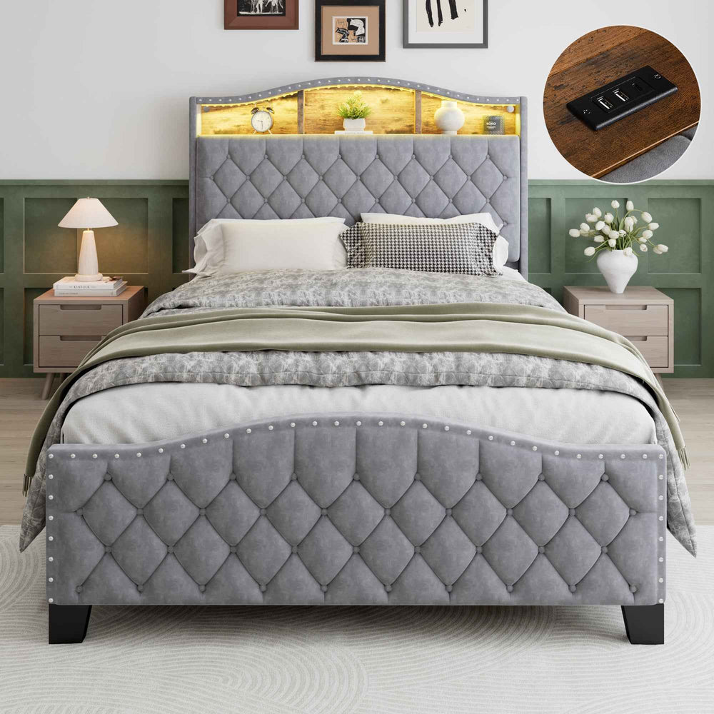 00+Double Upholstered Bed 135x190cm Velvet Grey with Storage, LED Lights, Soft Backrest CONCRETECONSOLE