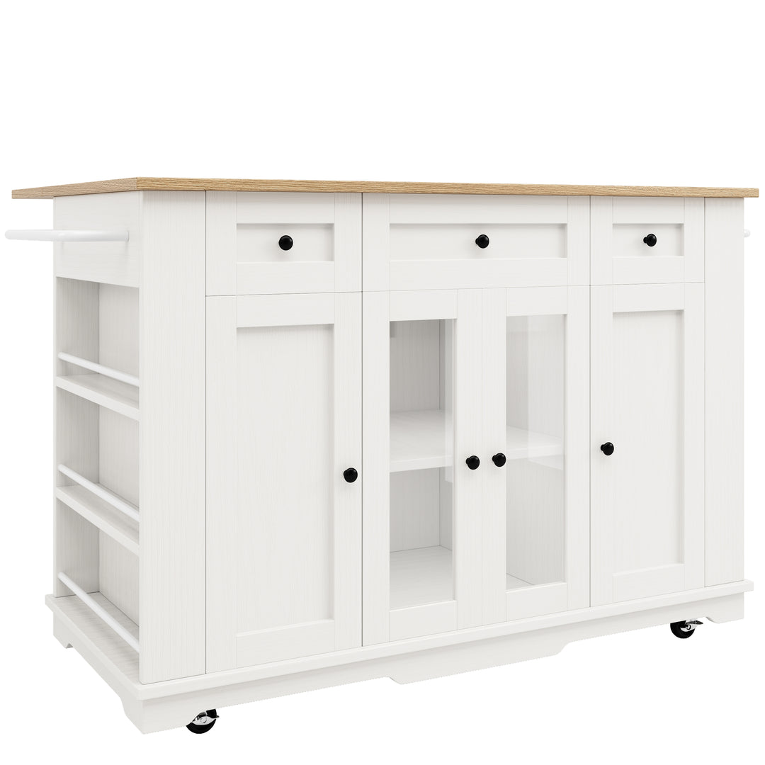 White kitchen Island trolley wood-grain look, tempered glass cabinet BEEGLUE