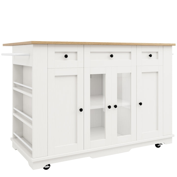White kitchen Island trolley wood-grain look, tempered glass cabinet BEEGLUE