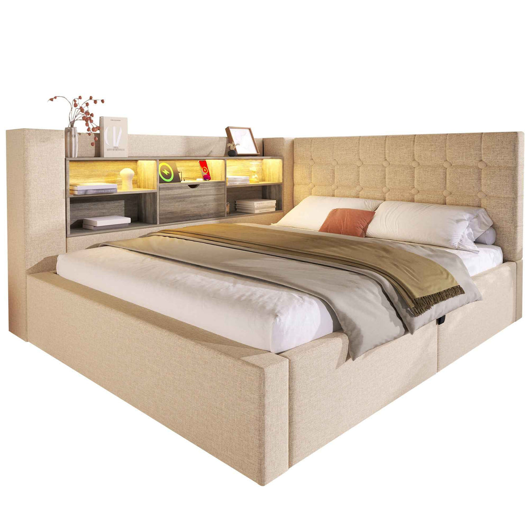 00+Daybed 135 x 190 cm Linen Beige, LED Storage Bed with USB-C Charging for Bedroom URBANSHELF