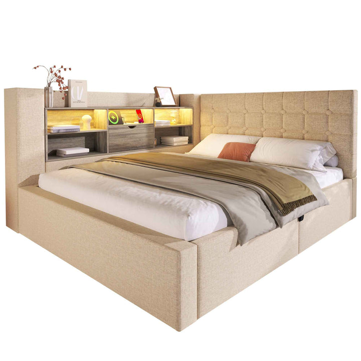 00+Daybed 135 x 190 cm Linen Beige, LED Storage Bed with USB-C Charging for Bedroom URBANSHELF