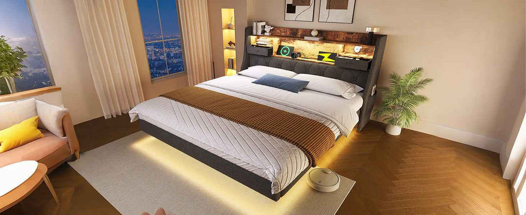 Double Upholstered Bed 4ft6 with LED Lighting, USB Type-C Charging, Storage Headboard, Linen Grey, 135x190cm, Floating Design, No Mattress