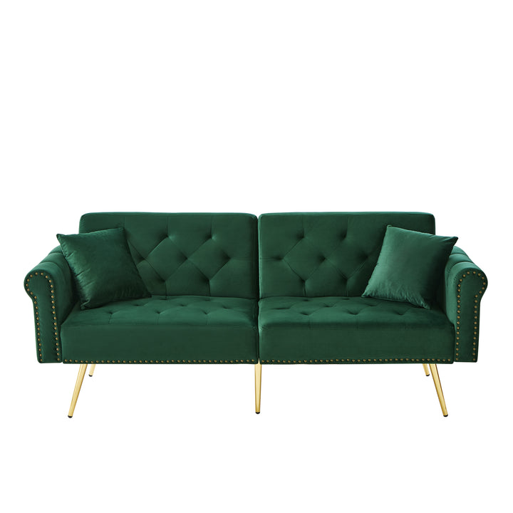 Green velvet 2-seater sofa bed with adjustable backrest and gold legs CAKDERA