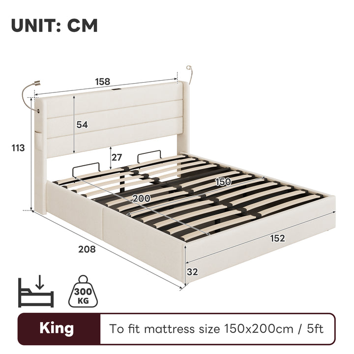 Beige linen upholstered king size divan bed with storage, lampe and charging station 150x200cm GRANULE UK