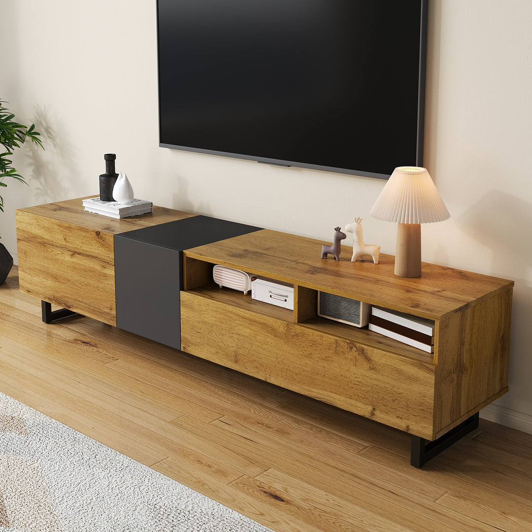 Colorblock TV cabinet retro wood grain compartments, U-shaped metal legs RESPIRATO