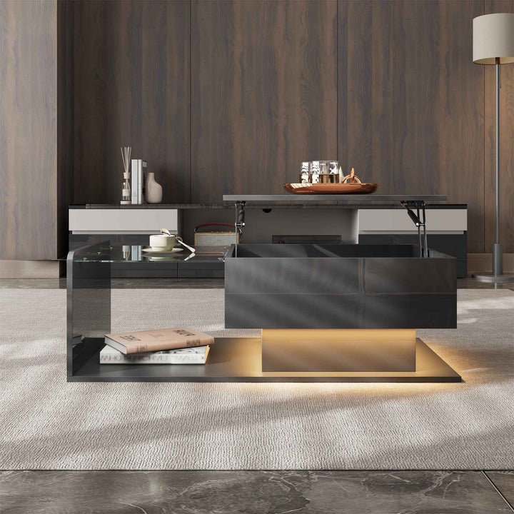 High gloss black coffee table with lift up top, LED lighting 100x50cm FLARERYLOTH