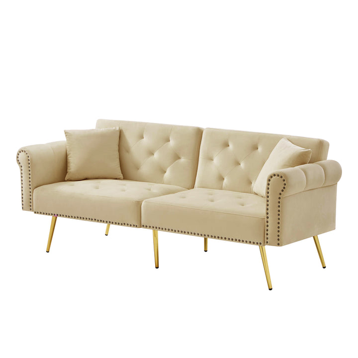 Modern upholstery velvet beige 2-seater sofa bed, adjustable backrest & gold-plated metal feet EUKARYOT