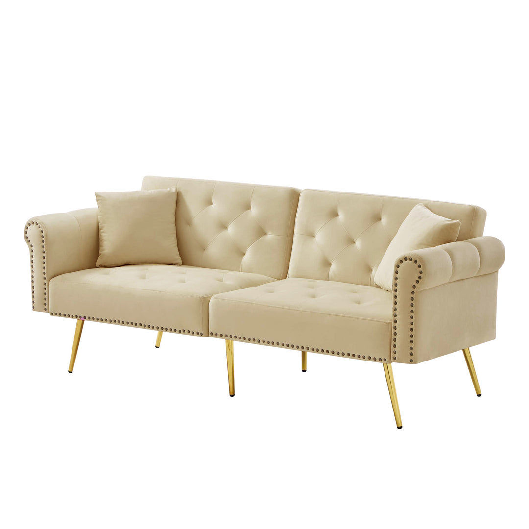 Modern upholstery velvet beige 2-seater sofa bed, adjustable backrest & gold-plated metal feet EUKARYOT