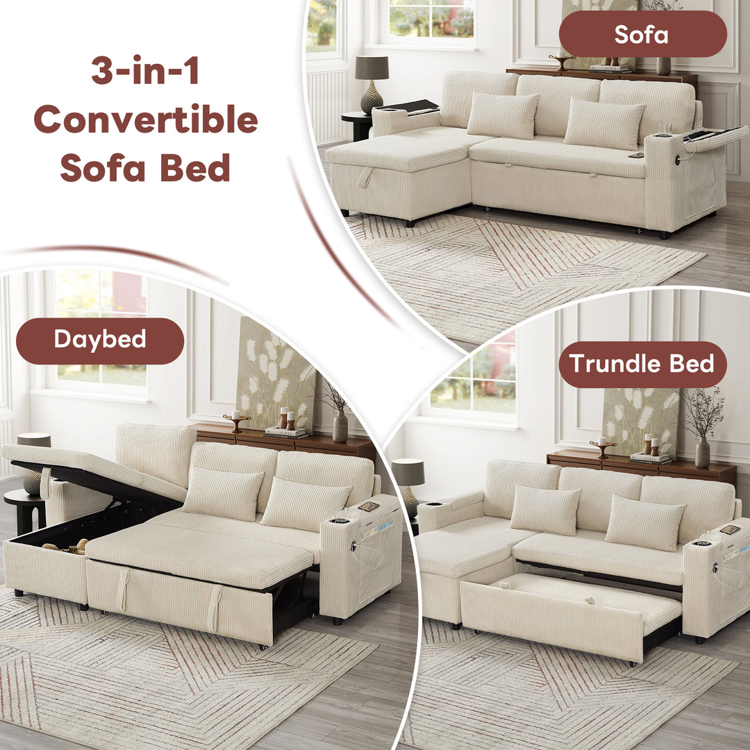 Beige corduroy 3-seater sofa bed trundle bed with storage and USB ports SPELEOTHEM UK