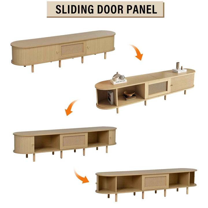 TV stand light wood 1 rattan drawer & 2 sliding doors, rounded corners 180cm
