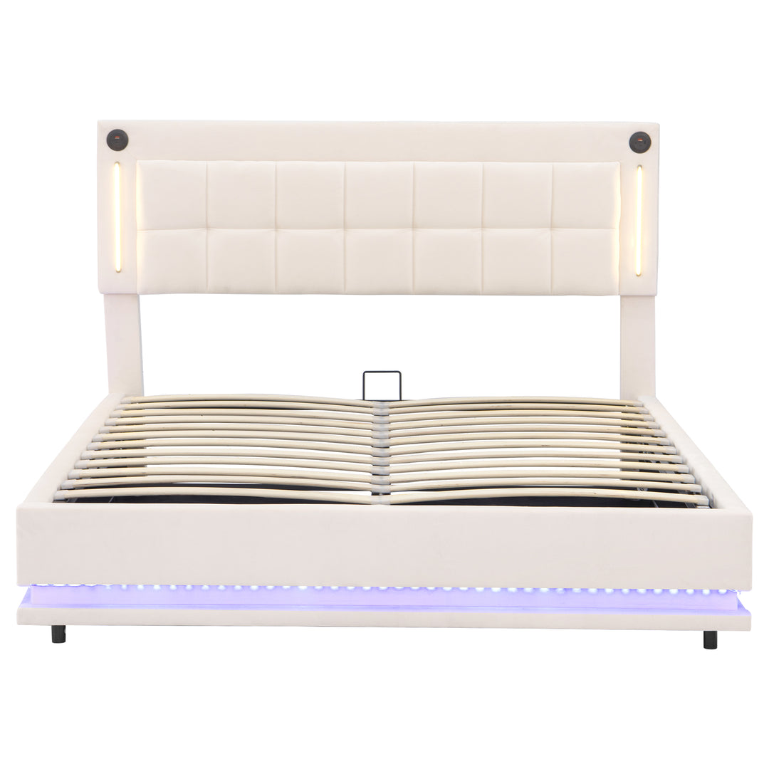 Beige velvet king ottoman end opening bed with LED lighting and charging station (150*200cm) DUSKHAVEN