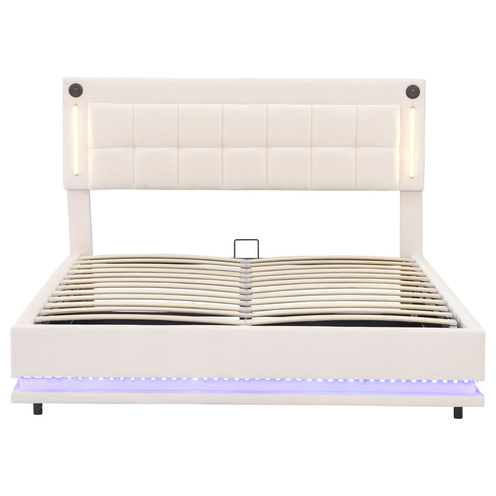 Beige velvet king ottoman end opening bed with LED lighting and charging station (150*200cm) DUSKHAVEN