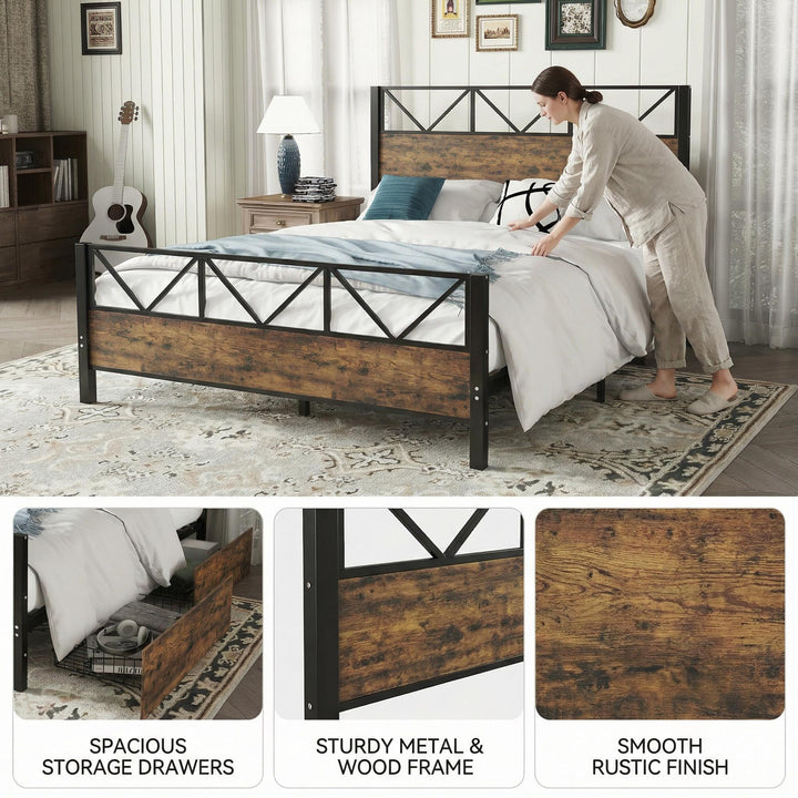 Industrial style double bed frame black wood with 2 storage drawers 135x190cm ELEMENTALIS