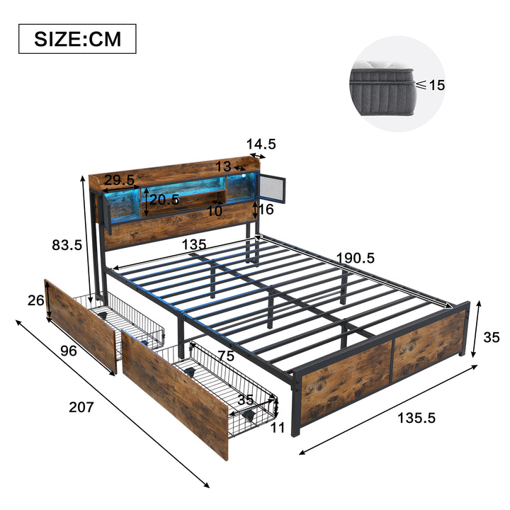 Multifunctional wooden look double bed&nbsp; with LED lighting, 2 drawers & charging ports (135x190cm) ELATERSPRING