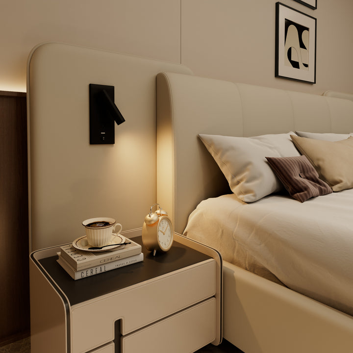 Beige upholstered divan double bed with side lamps and charging port 135x190cm UNITOS