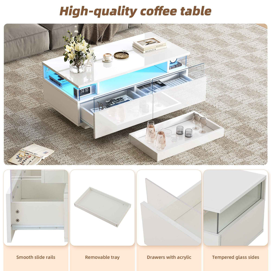 White high gloss coffee table with LED lights, 2 drawers, pull-out tray FLAREVORNAX