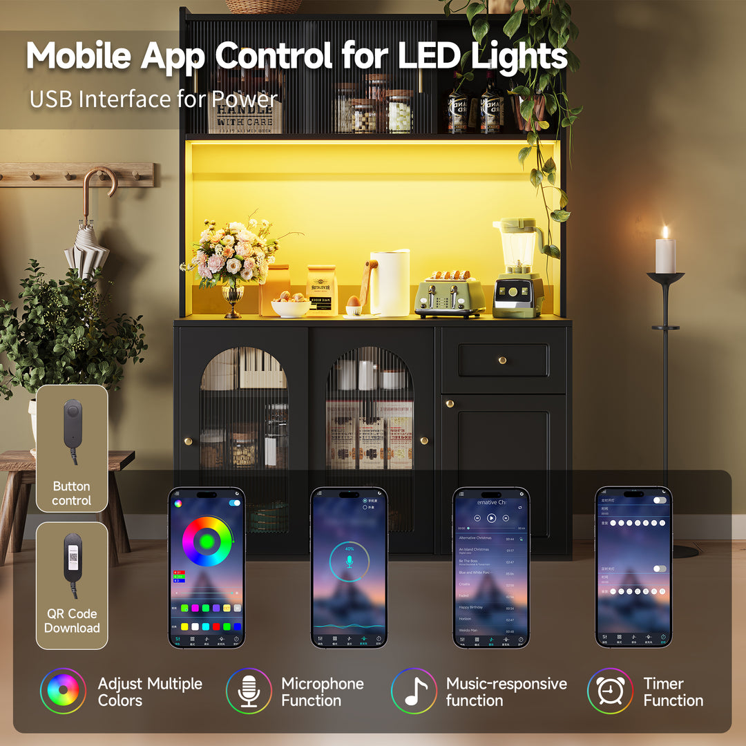 Black kitchen hutches buffet with LED lighting, fluted glass sliding doors VIGOURAN