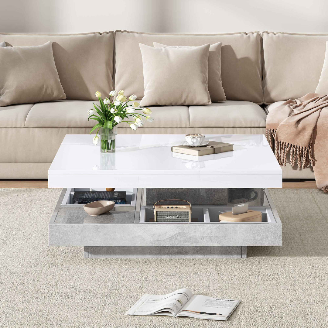Rotating 360° white high-gloss coffee table marble-patterned, double-layer storage FLARENEXUSA