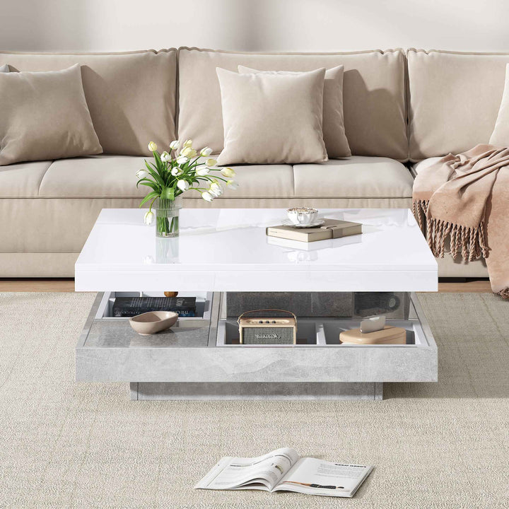 Rotating 360° white high-gloss coffee table marble-patterned, double-layer storage FLARENEXUSA