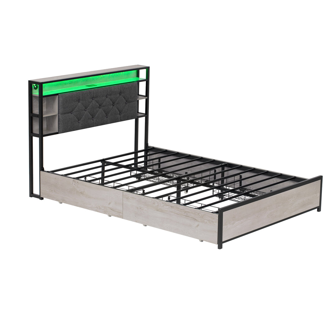 Grey metal double bed frame shelves with LED lighting (135x190cm) PHYTOSID