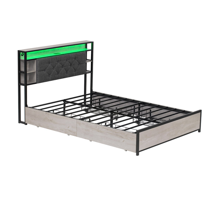 Grey metal double bed frame shelves with LED lighting (135x190cm) PHYTOSID