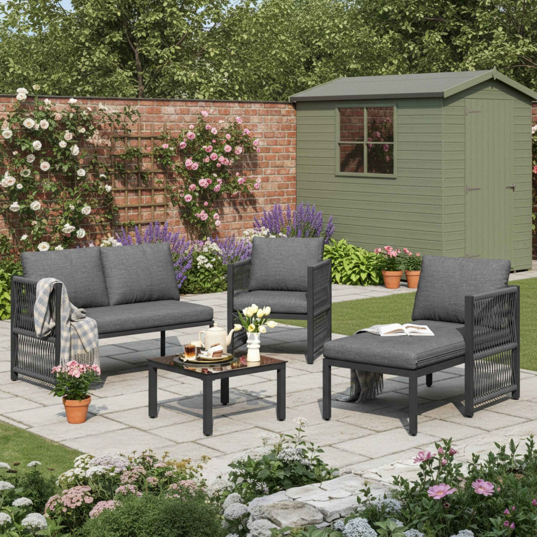 Garden furniture set 4-5 seater grey modular sofa with tempered glass table INFINITECASCD