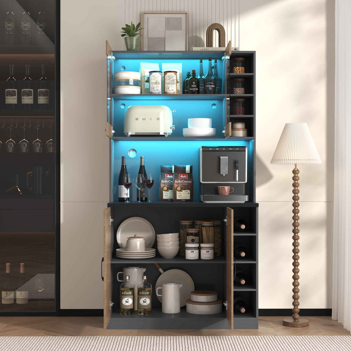 00+Kitchen Tall Cabinet with LED Lighting, Adjustable Shelves, Large Pantry Storage for Microwave VERTEXMORN