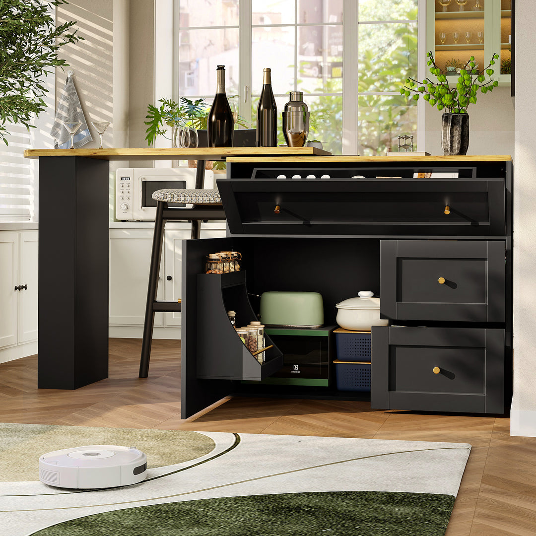 Extendable bar table black with storage kitchen cabinet with snack shelf (138-204×39×105cm) MANGROVEPROP