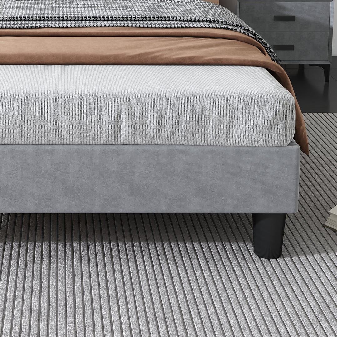 Upholstered velvet grey double bed with storage headboard, LED lighting and charging ports 135x190cm FIRNSNOW UK