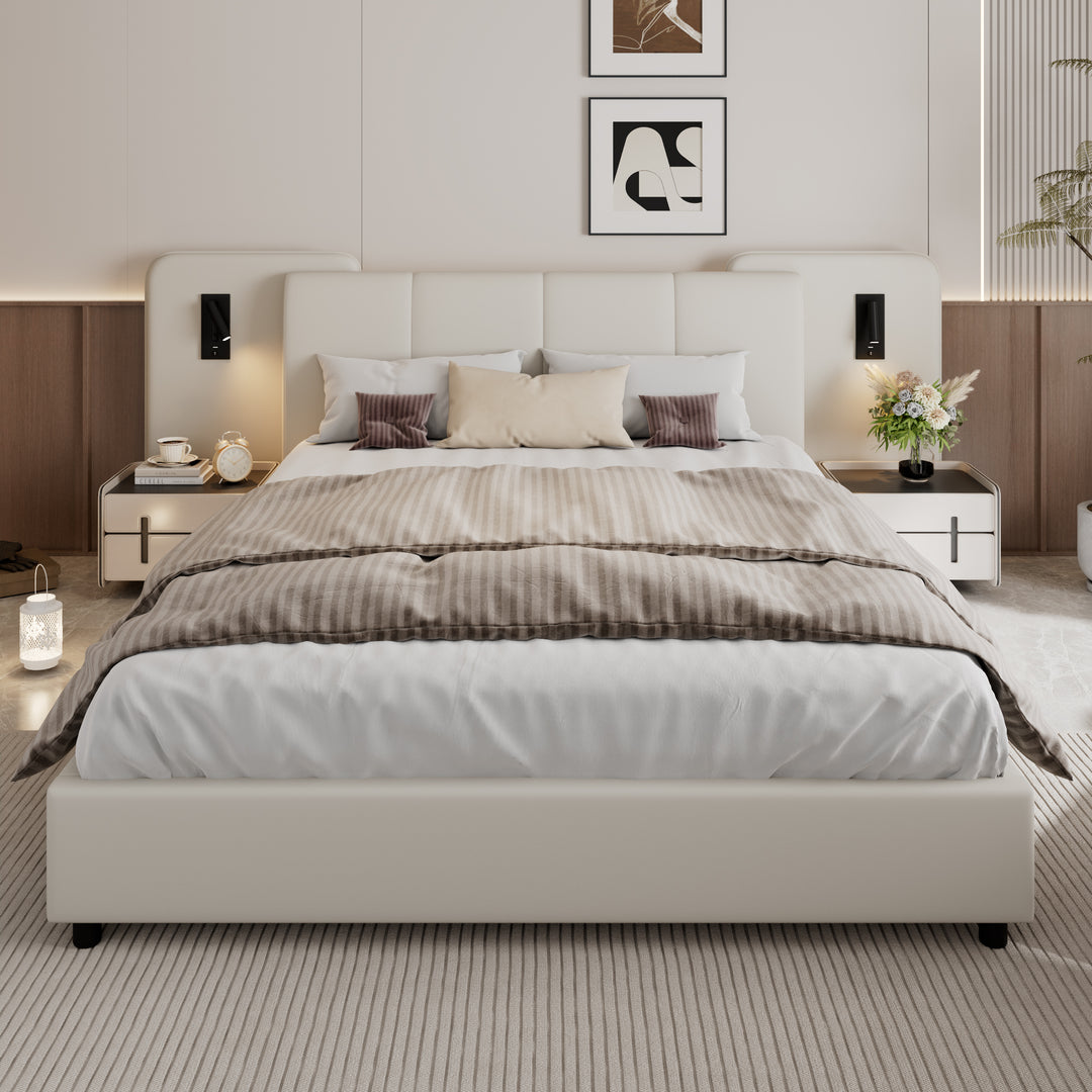 Beige upholstered divan double bed with side lamps and charging port 135x190cm UNITOS