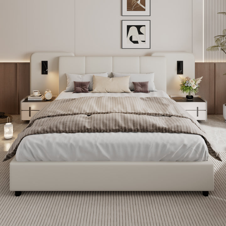 Beige upholstered divan double bed with side lamps and charging port 135x190cm UNITOS