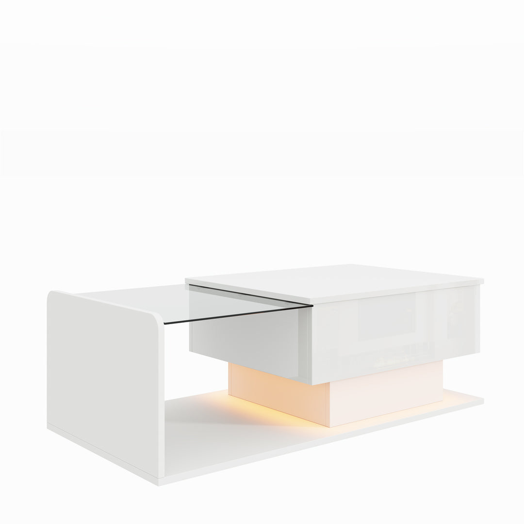 White high-gloss rectangular coffee table and LED lighting with glass top LUNG