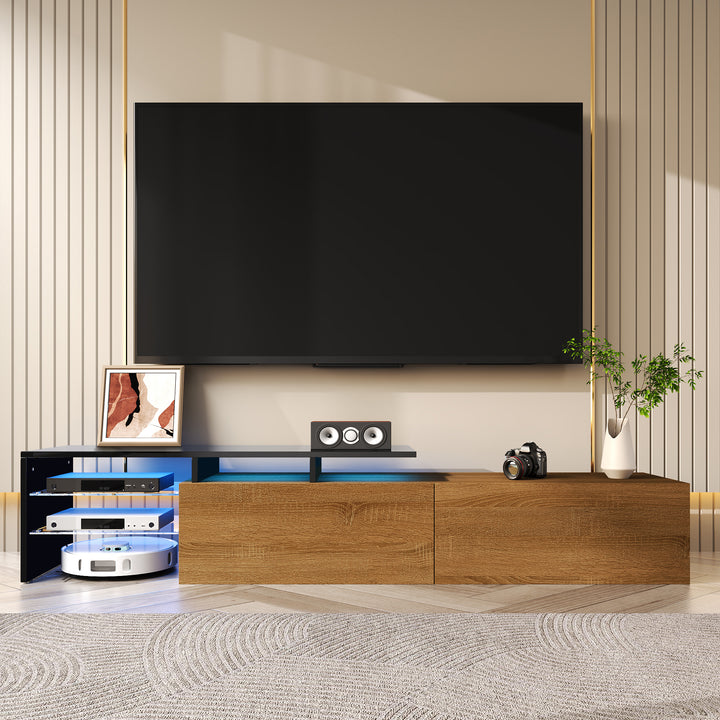Black wooden finish TV cabinet with glass shelves and LED lighting KNEEJOINT