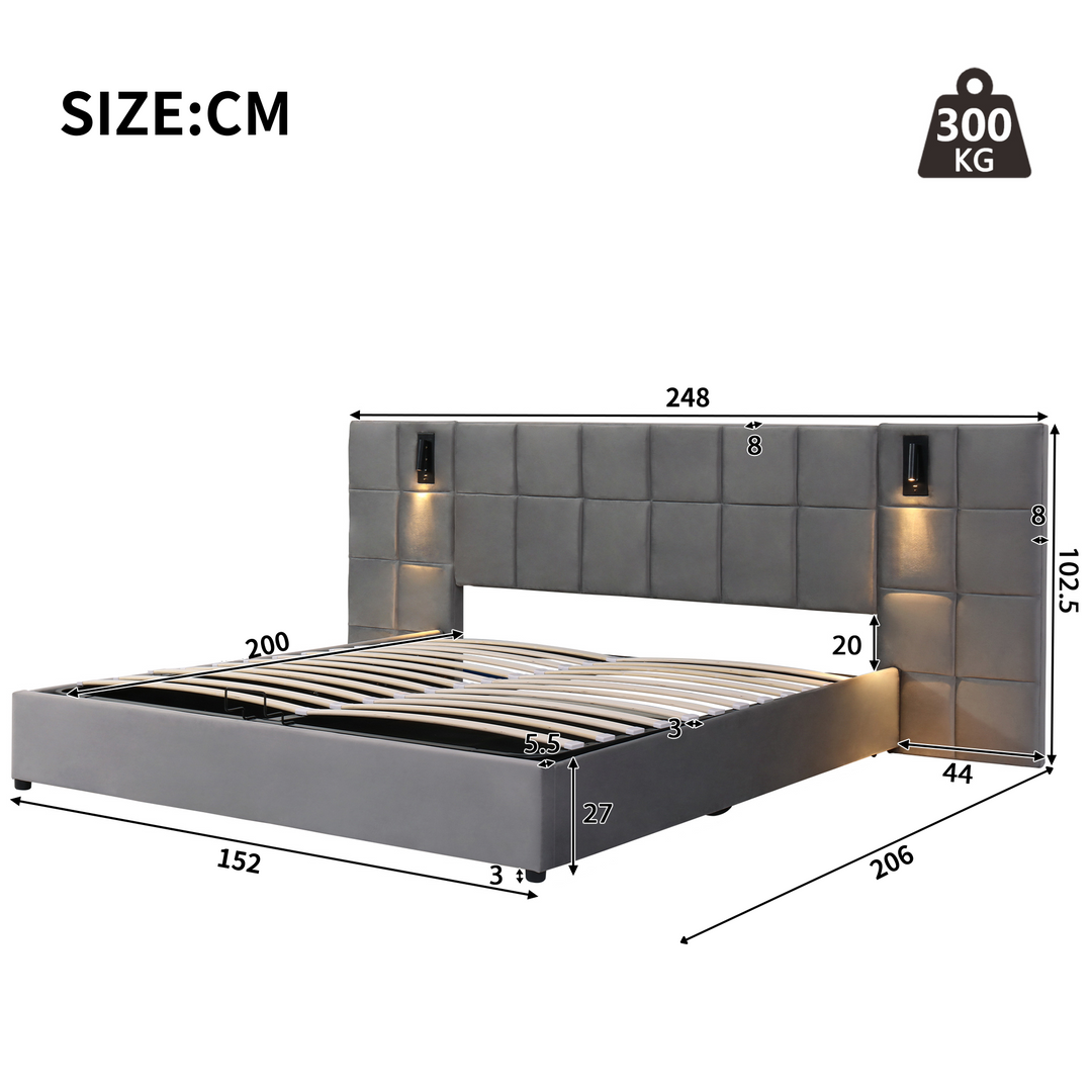 Grey velvet king size ottoman bed end opening, side lamps and charging ports (150×200cm) RECESSIVE