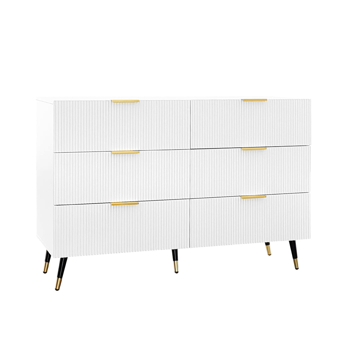 White and gold particle board storage sideboard with 6 drawers FERNGLADE UK