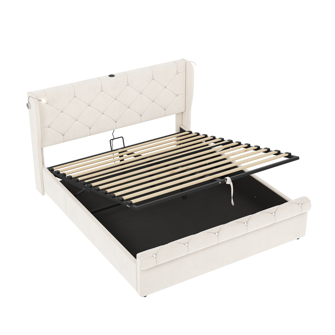 Beige velvet tufted upholstered ottoman double bed end opening (135x190cm) RADIOLARI