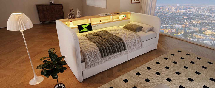 Single Upholstered Daybed 90x190cm with LED Headboard Storage, USB Type-C Charging, 2 Drawers, Linen Beige, Modern Sofa Bed for Bedroom