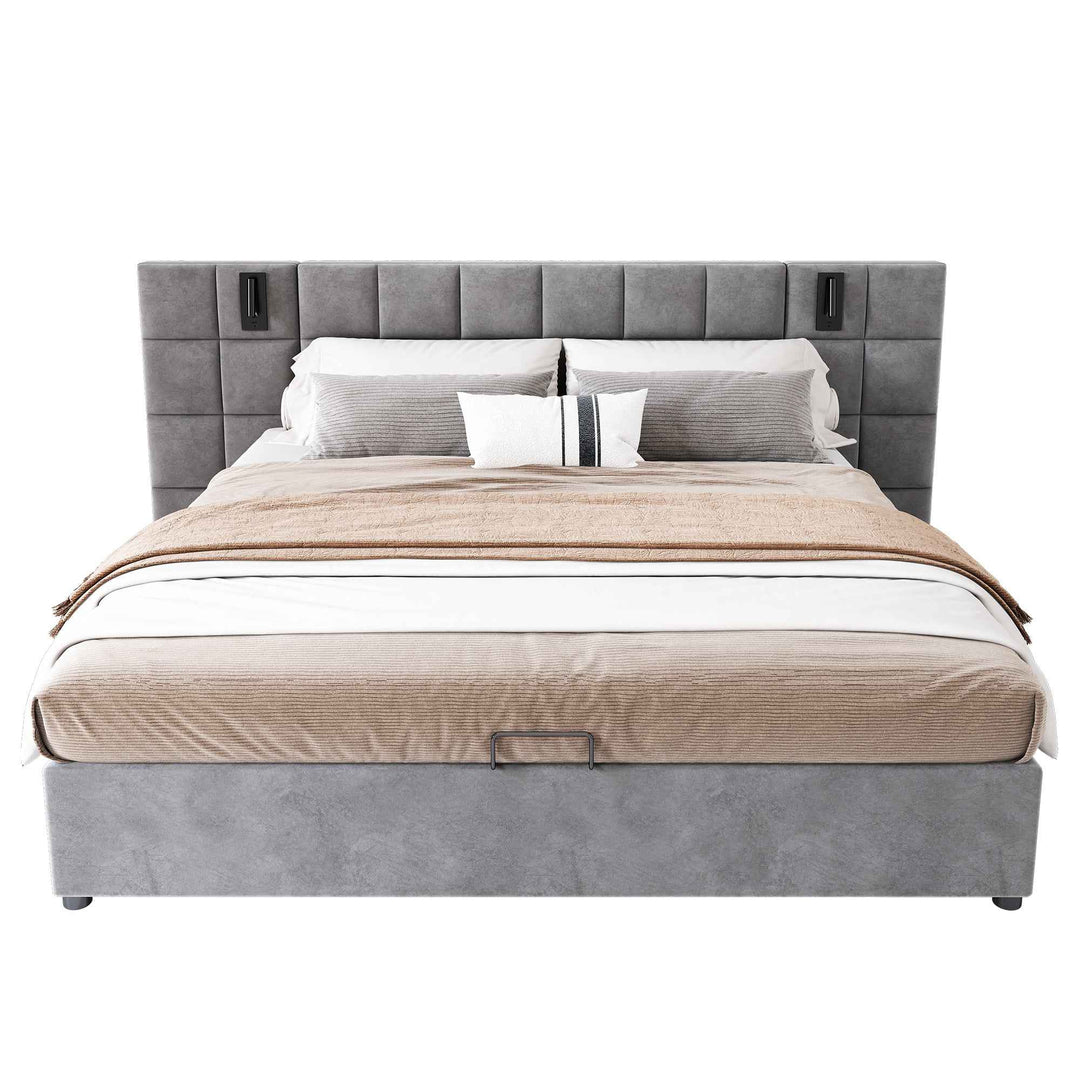 Super king size upholstered ottoman bed 6ft velvet grey with USB charging & lamp, wide headboard no mattress or bedside tables