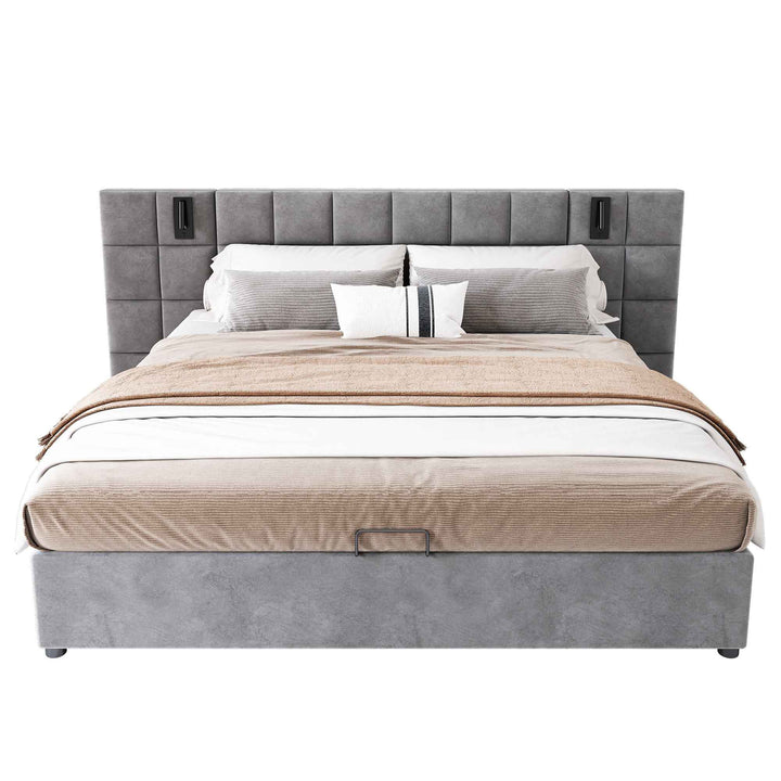 Super king size upholstered ottoman bed 6ft velvet grey with USB charging & lamp, wide headboard no mattress or bedside tables