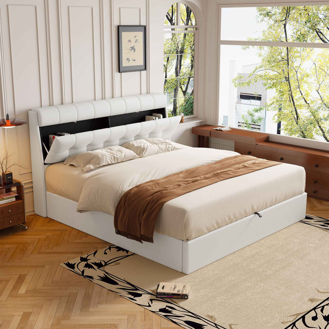 King size upholstered ottoman bed PU cream white, headboard storage 150x200cm